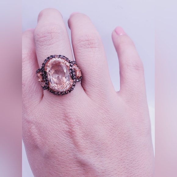 Champagne & Chocolate Mocha Diamond Simulants Rose Gold / 925 Silver Ring - Picture 5 of 8